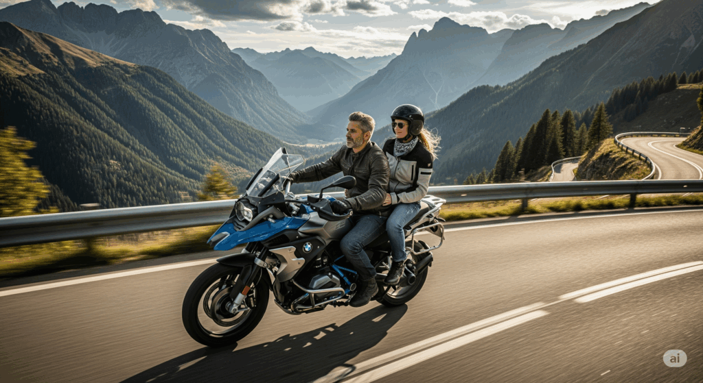 Pareja de la generación X viajando en moto y disfrutando la sensación de libertad