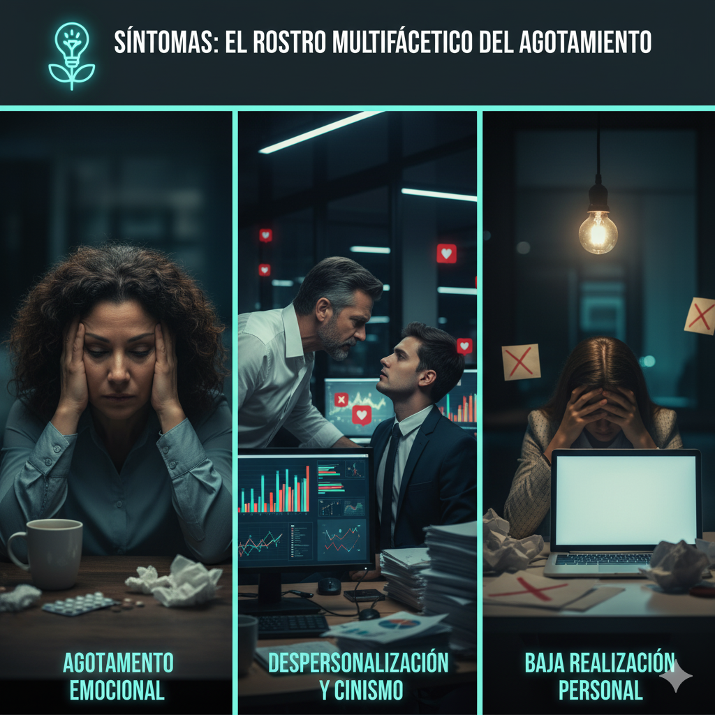 El rostro multifacético del agotamiento y sus síntomas: Agotamiento Emocional, Despersonalización y Cinismo, Baja Realización Personal.