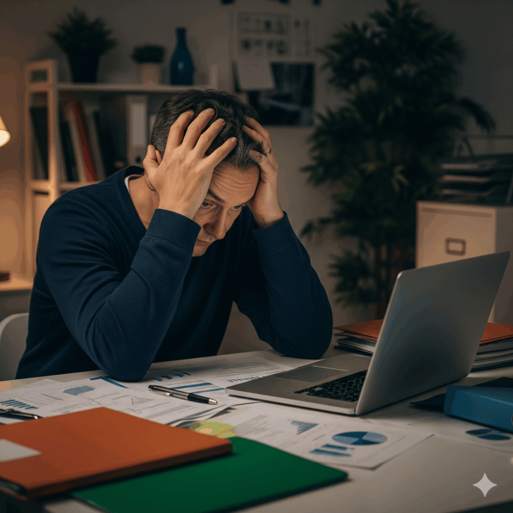 Persona estresada y agotada con insomnio, trabajando tarde en la noche. Signos de burnout: mujer abrumada en su escritorio, sufriendo de agotamiento crónico.
