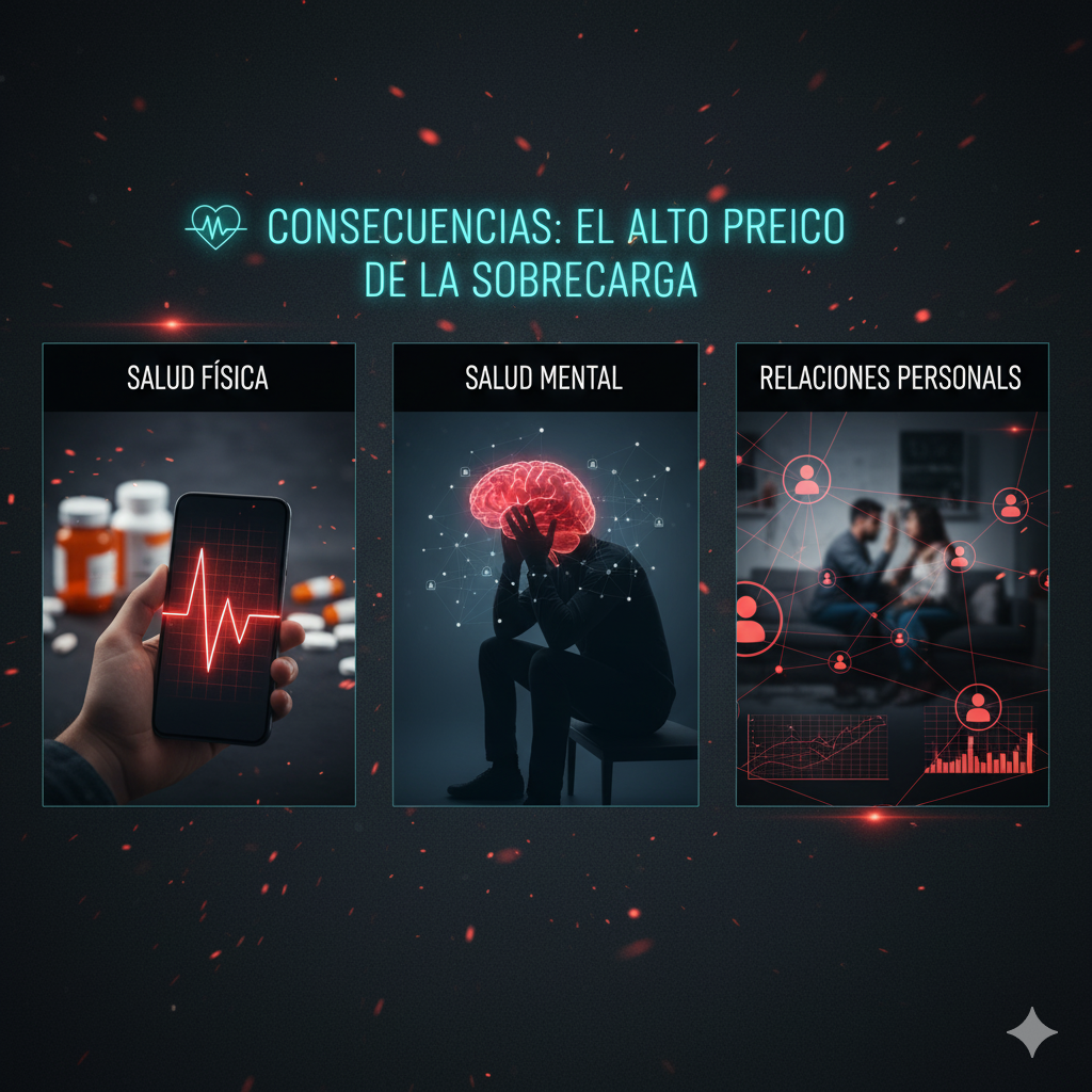 Persona abrumada por las consecuencias del burnout, problemas de salud física, mental y relaciones personales.