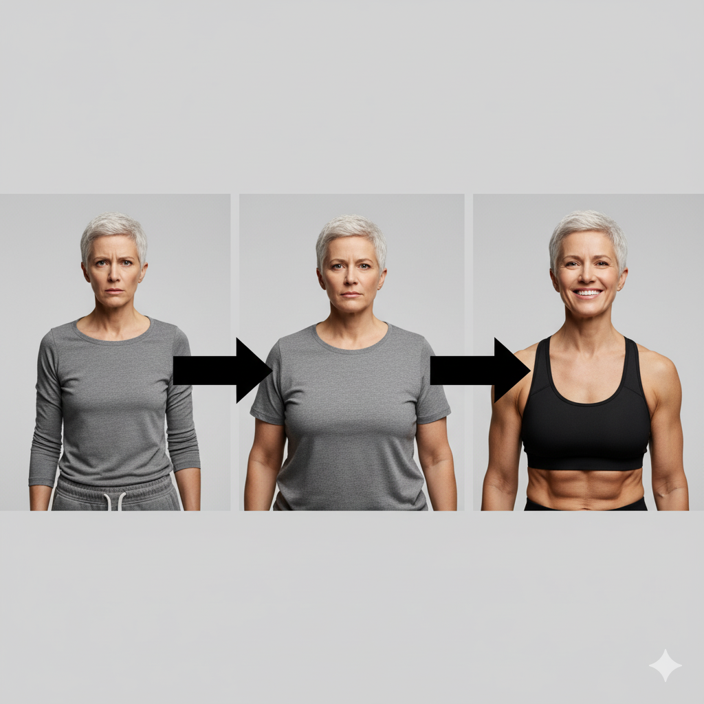 Transición de malestar con aumento de peso y bienestar con peso ideal de una mujer.