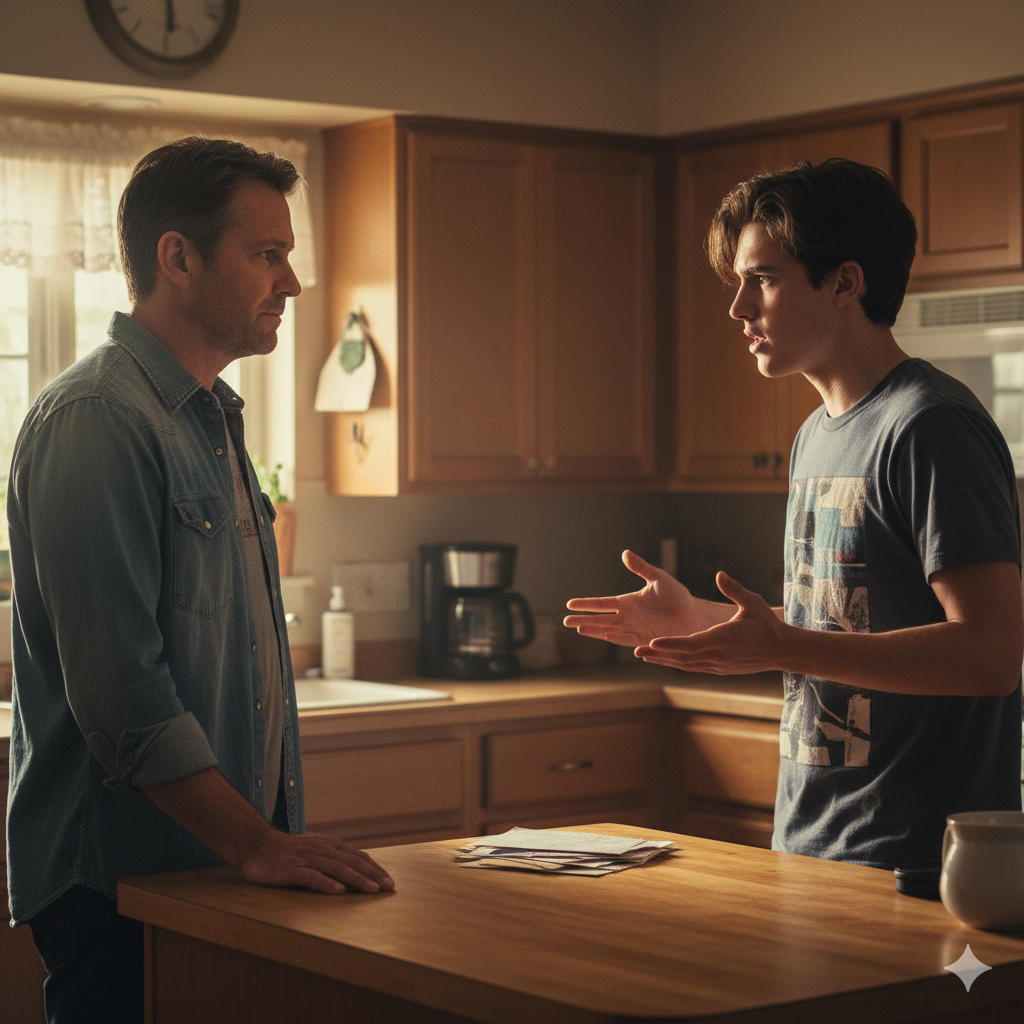 Padre Gen X escucha con frustración a su hijo adolescente en la cocina, simbolizando la doble vara de la escucha y la falta de empatía intergeneracional.