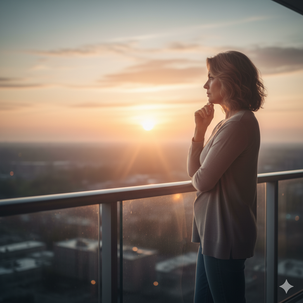 Mujer Gen X en un balcón al atardecer con gesto de reflexión, representando la autonomía recuperada y el empoderamiento tras establecer límites.