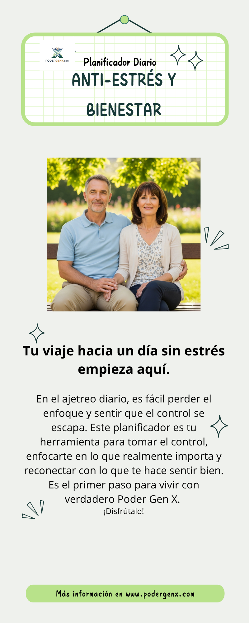 Portada con una pareja gen x, del Planificador Diario Anti-estres